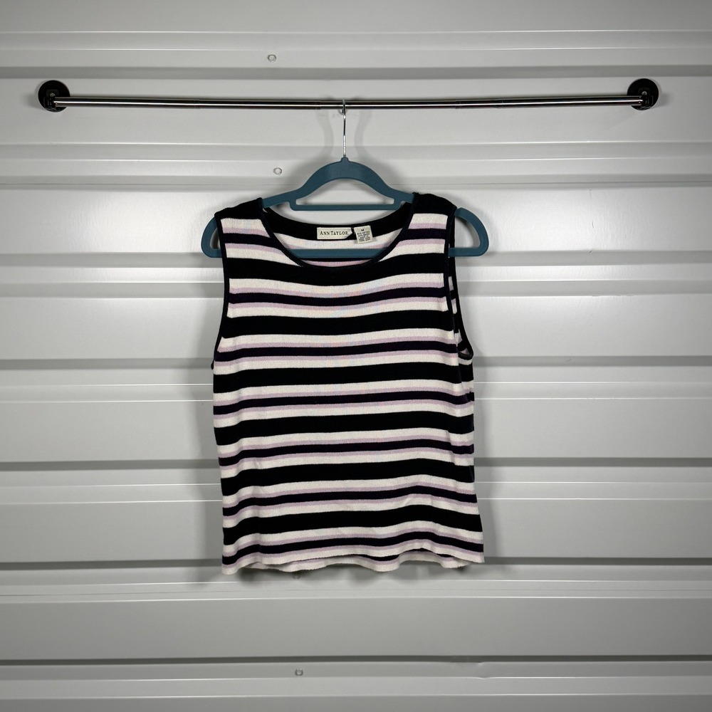 Ann Taylor Striped Sleeveless Tank Top Women Medium Black White Purple Casual